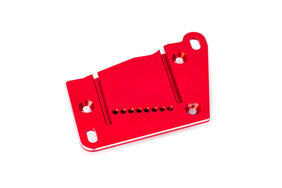 A red anodized aluminium motor plate for Traxxas RC vehicles, featuring mounting holes and slots on a white background.