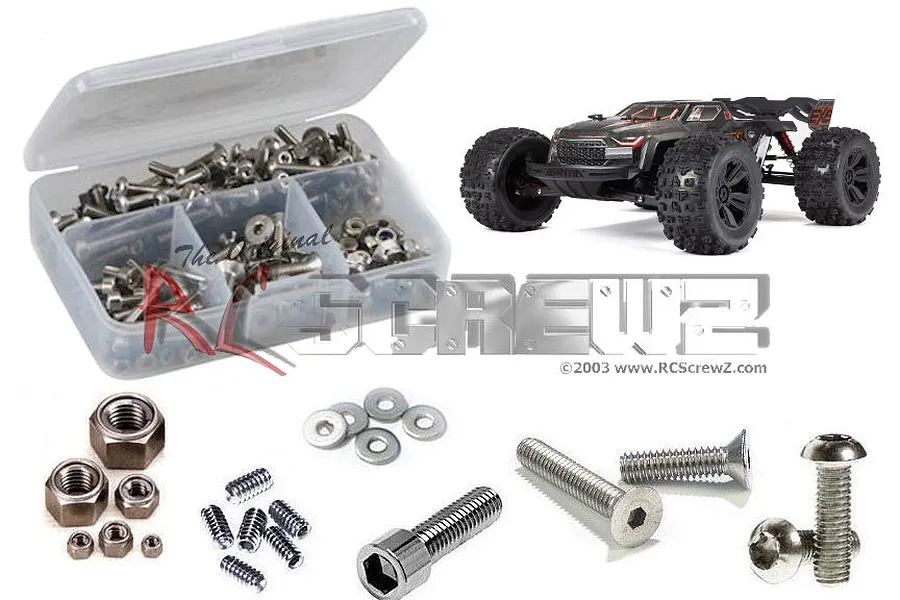 RC Screwz stainless steel screw kit for Arrma Kraton 6S EXB, featuring a plastic storage case, assorted hardware, and a picture of the RC car.