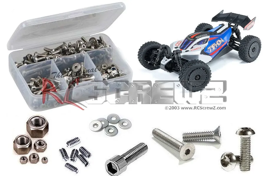 RC Screwz stainless steel screw kit for Arrma Typhon Grom, featuring a plastic storage box filled with screws, loose hardware, and a small RC buggy.