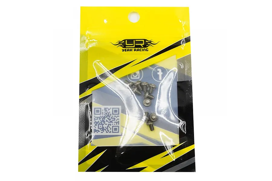 A pack of ten Yeah Racing titanium button head screws in a yellow and black branded plastic bag.