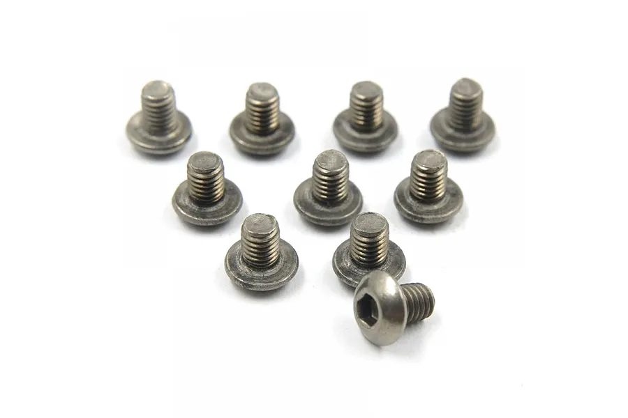 A set of ten small titanium button head screws with fine threads arranged on a white background.