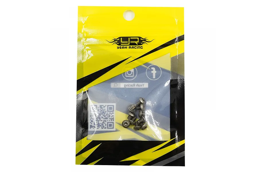 A pack of ten Yeah Racing titanium button head screws in a yellow and black branded plastic bag.