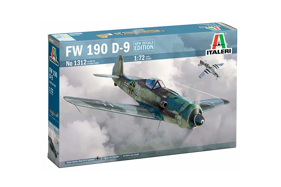Italeri 1/72 scale Focke-Wulf FW 190 D-9 plastic model kit box showing an illustration of the aircraft in flight against a cloudy sky.