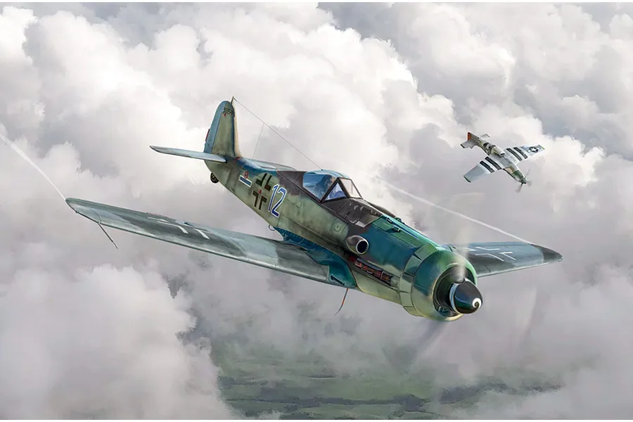 Digital illustration of a Focke-Wulf FW 190 D-9 fighter plane flying through clouds with a P-51 Mustang in the distance.
