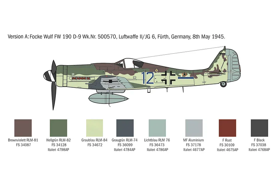 A side-profile illustration of a Focke-Wulf FW 190 D-9 aircraft with a color guide below showing paint codes for the model kit.