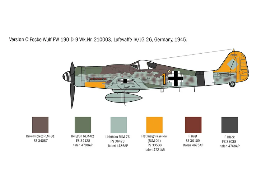 A technical illustration of a Focke-Wulf FW 190 D-9 aircraft profile with a color paint guide for the Italeri model kit.