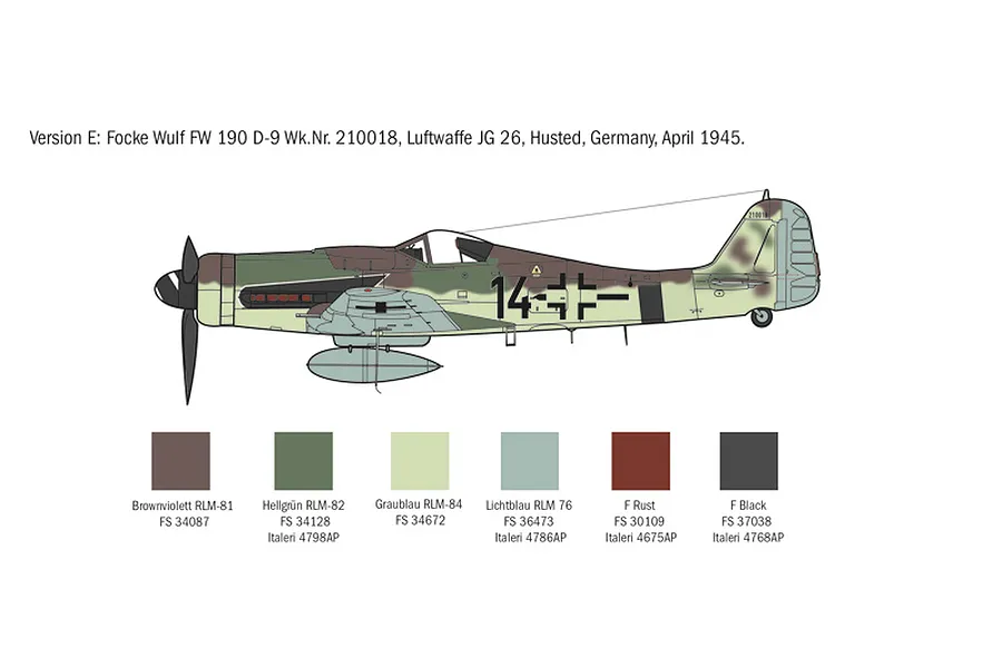 A side-profile illustration of a Focke-Wulf FW 190 D-9 fighter aircraft with a paint guide showing six color swatches and their corresponding paint codes.