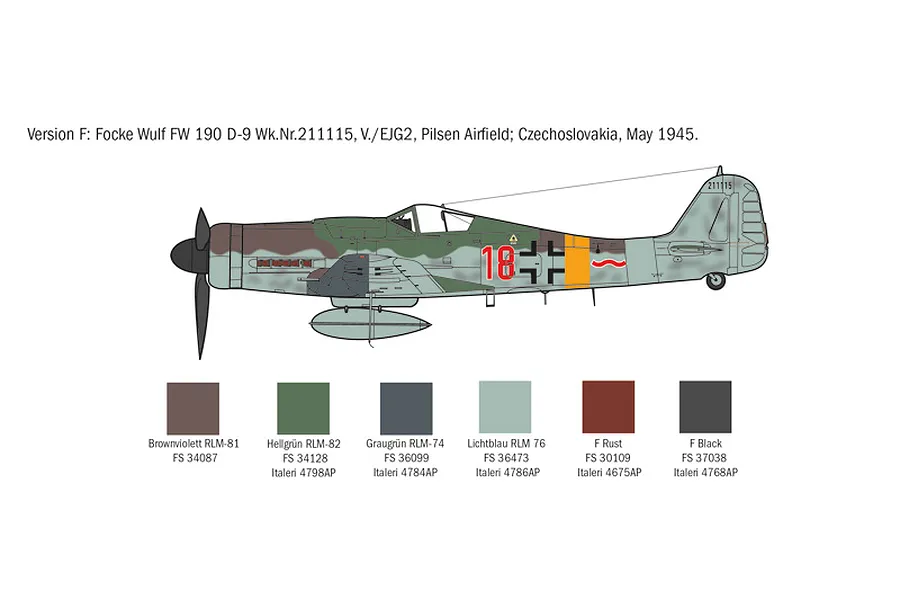 A side-profile illustration of a Focke-Wulf FW 190 D-9 fighter aircraft with a color guide below it for model painting.