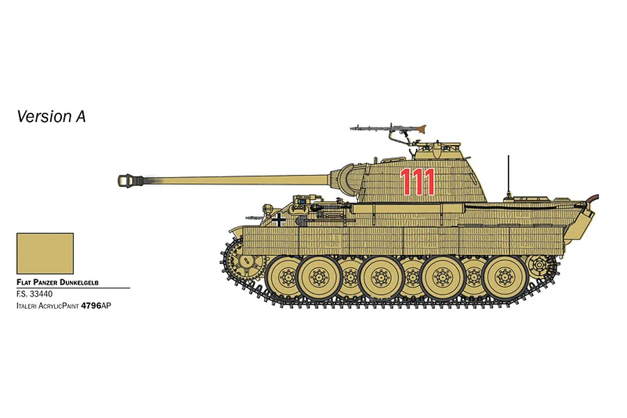 A side-profile digital illustration of a German Panther Ausf.A tank in tan camouflage with the number 111 on the turret.