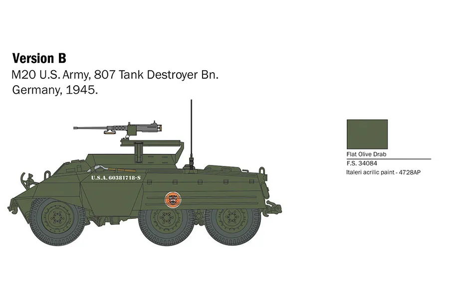 A technical illustration showing the side profile of an M20 U.S. Army armoured vehicle in olive drab, including a paint color reference swatch.