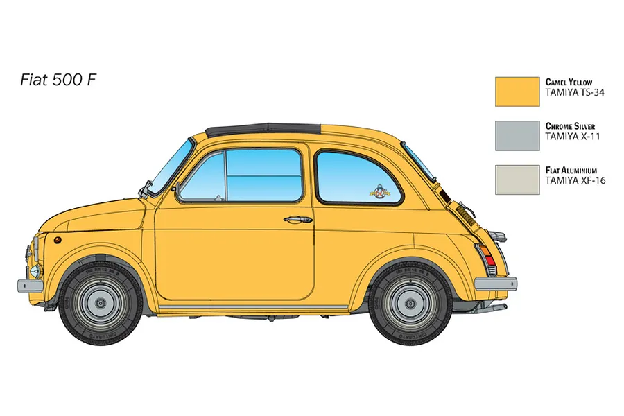 A side-profile illustration of a yellow Fiat 500 F model car, including a paint guide with Tamiya color references.
