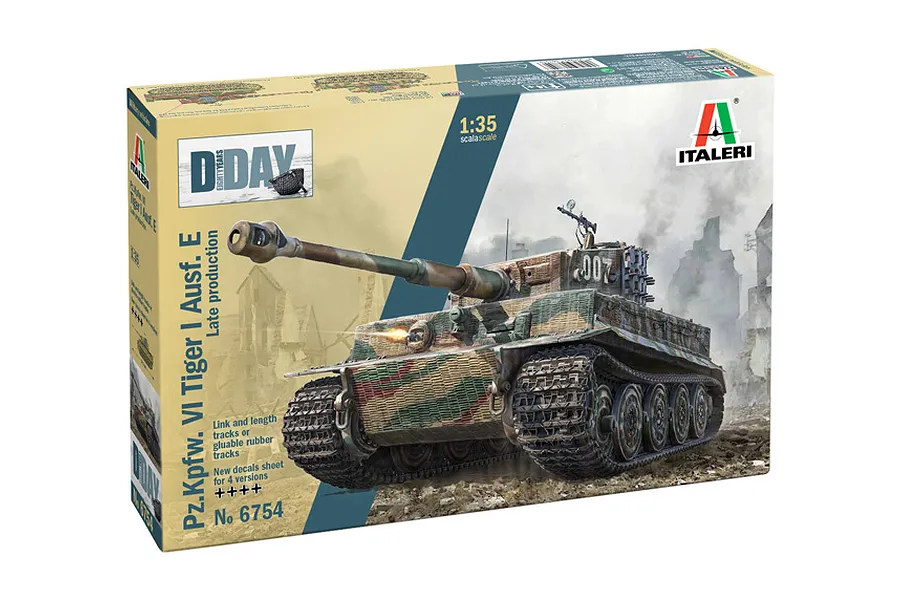 Italeri 1/35 scale Pz.Kpfw VI Tiger I Ausf.E plastic model kit box featuring artwork of a Tiger tank in a battlefield setting.
