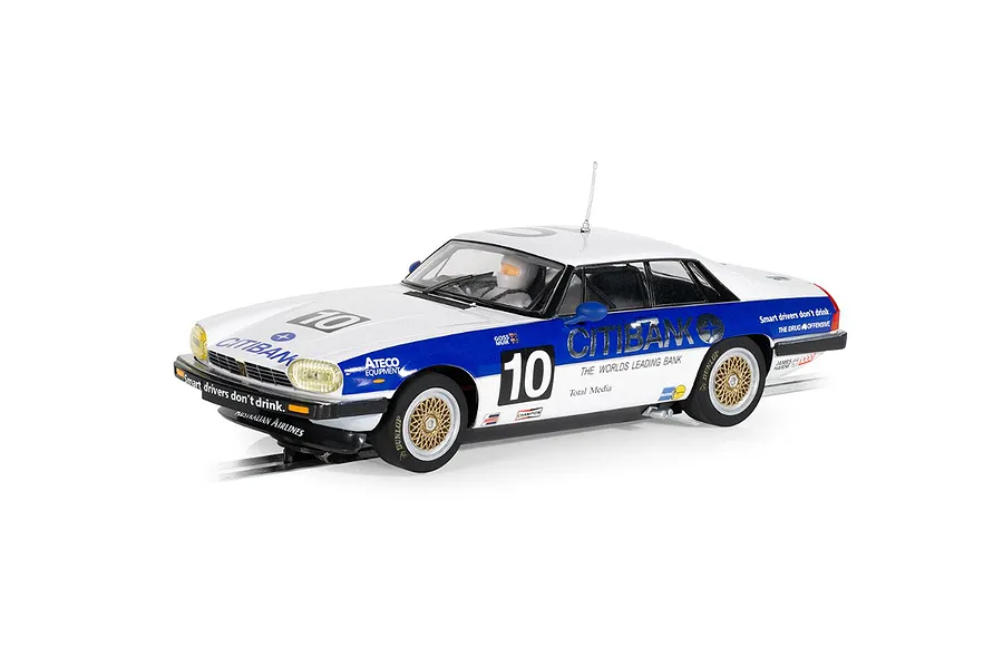 A 1/32 scale Scalextric slot car model of the 1986 Jaguar XJS #10, featuring white and blue Citibank livery, on a white background.