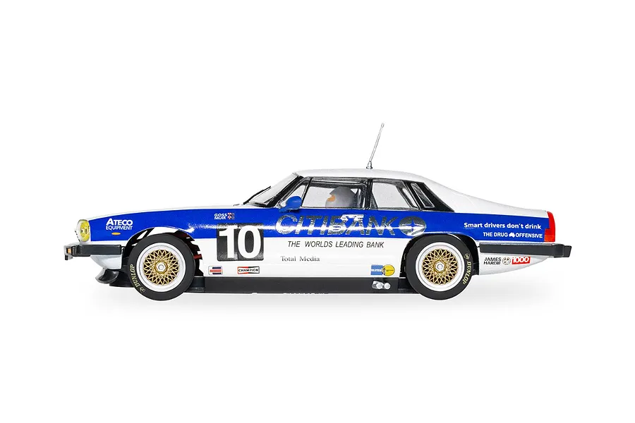 Side profile of a Scalextric 1/32 scale 1986 Jaguar XJS slot car in white and blue Citibank livery with number 10.