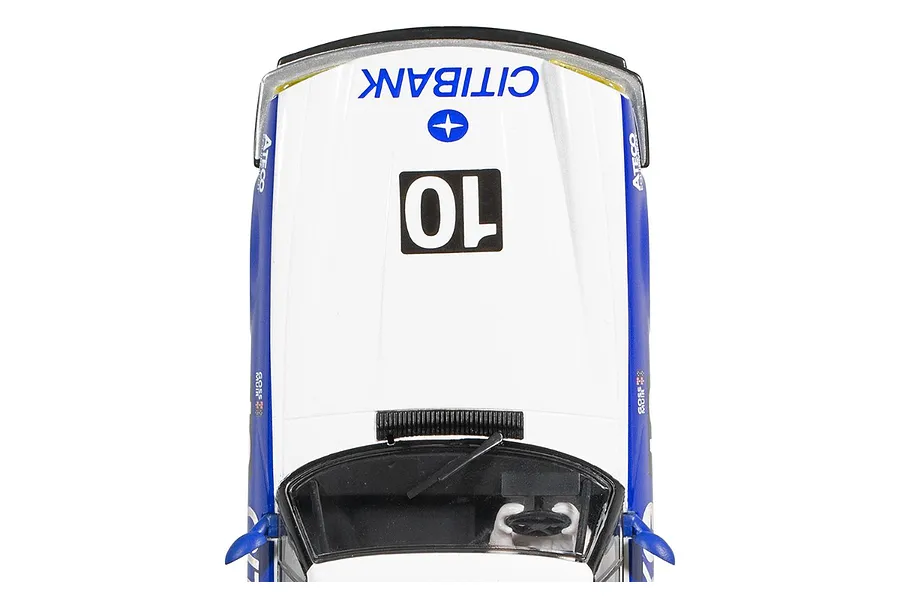 Top-down view of a white and blue Scalextric 1/32 scale Jaguar XJS slot car with number 10 and Citibank branding.