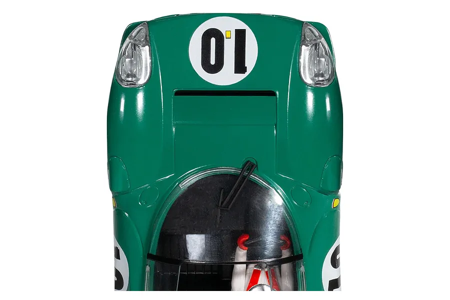 Top-down view of a green Scalextric 330 P4 slot car featuring the number 10 on the hood.