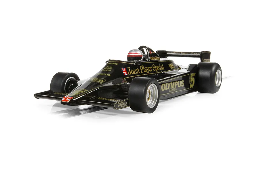 A 1/32 scale Scalextric Lotus 79 Formula 1 slot car in black and gold livery with number 5, featuring John Player Special branding.
