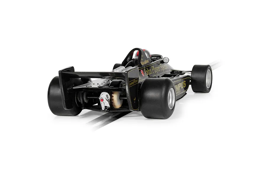Rear three-quarter view of a black Scalextric 1/32 scale Lotus 79 slot car with John Player Special livery on a white background.