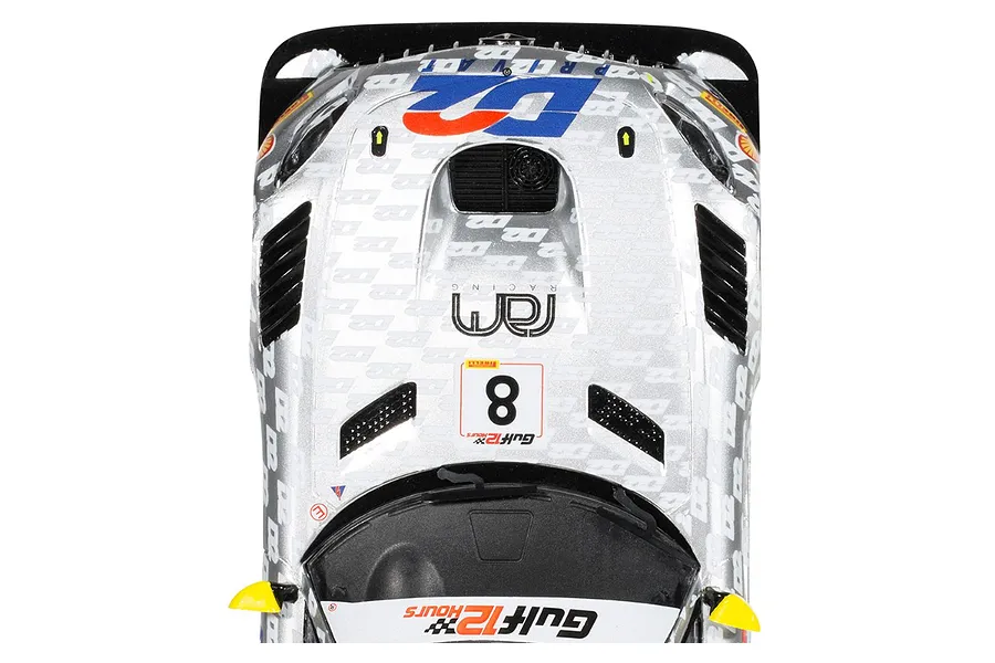 Top-down view of a Scalextric 1/32 scale Mercedes-Benz AMG GT3 slot car in silver livery with D2 and Ram Racing branding.