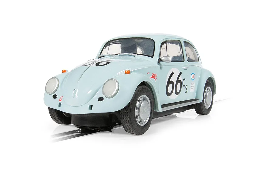 A light blue Scalextric 1/32 scale Volkswagen Beetle slot car with number 66 decals on a white background.