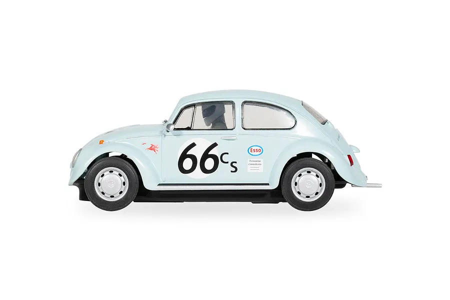 Side view of a light blue Scalextric 1/32 scale Volkswagen Beetle slot car with number 66 on the door.