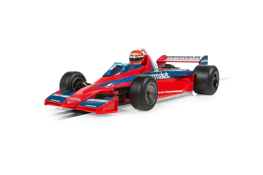 Scalextric 1/32 scale 1978 Brabham BT46 slot car in red and blue Parmalat livery with driver figure.