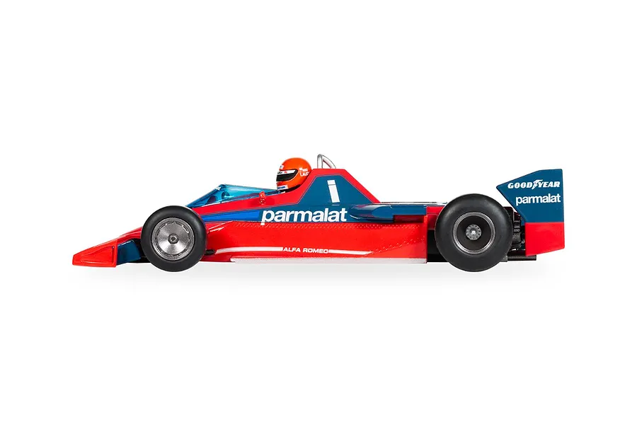 Side profile of a 1/32 scale Scalextric Brabham BT46 slot car in red and blue livery with Parmalat branding and Niki Lauda driver figure.