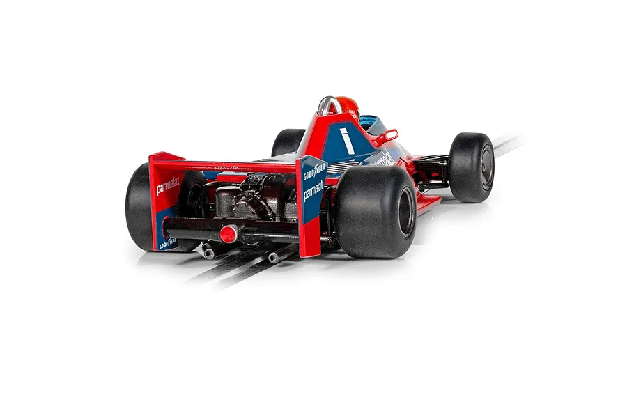 Rear view of a 1/32 scale Scalextric Brabham BT46 slot car in red and blue livery with Parmalat branding on a white background.