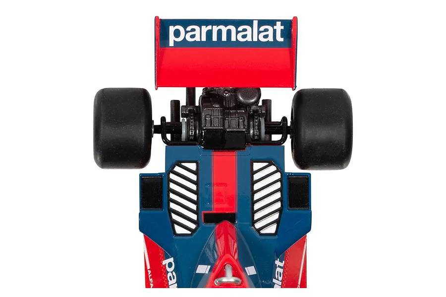 Top-down view of the rear section of a 1/32 scale Scalextric Brabham BT46 slot car, showing the rear wing, engine detail, and rear tires.