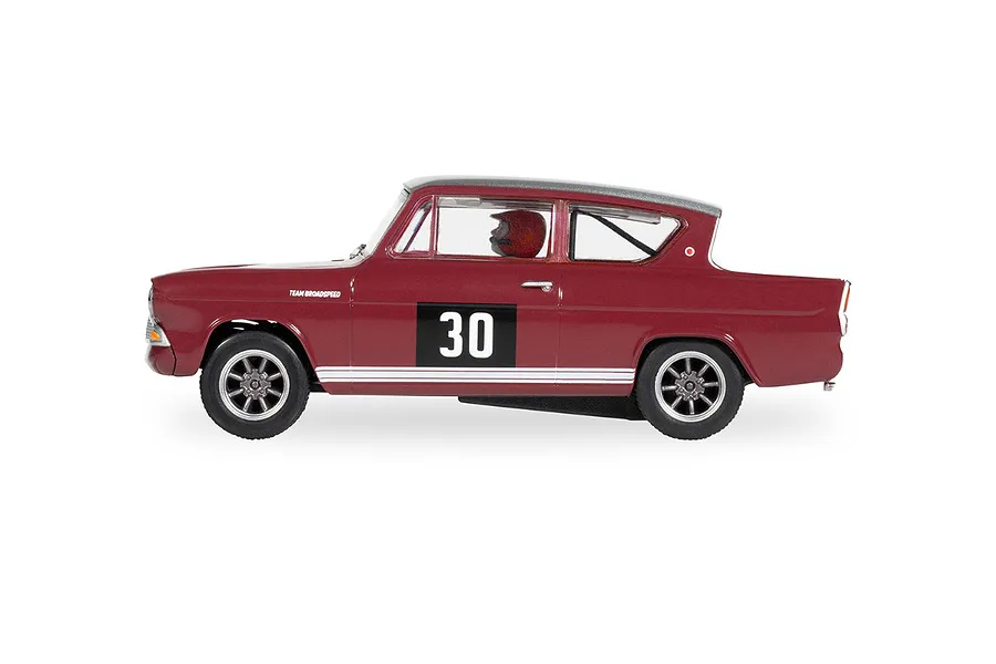 Side view of a maroon Scalextric 1/32 scale Ford Anglia 105E slot car with number 30 on the door.