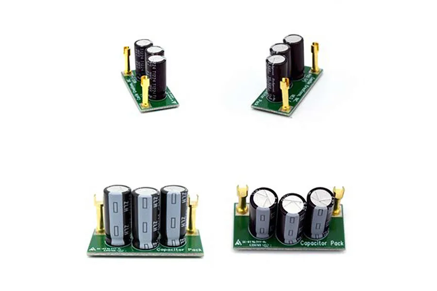Four views of a Castle Creations 8S capacitor pack featuring three cylindrical capacitors mounted on a green circuit board with gold-plated connectors.