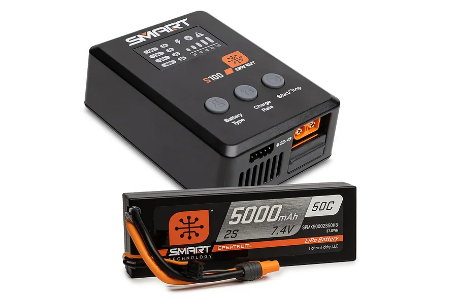 Spektrum 7.4V 5000mAh 50C 2S Hard Case LiPo Battery &amp;amp; S100 100W USB Smart Charger image 94988