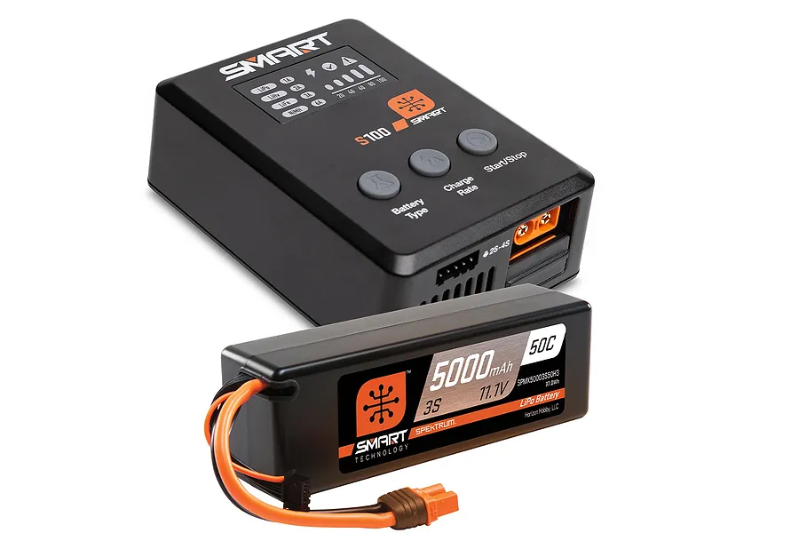 Spektrum 11.1V 5000mAh 50C 3S Hard Case LiPo Battery &amp;amp; S100 100W USB Smart Charger image 94996