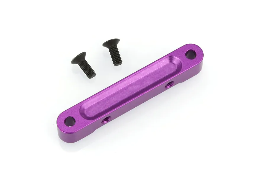 A purple anodized aluminium rear suspension arm pin mount for an RC car, accompanied by two black countersunk screws on a white background.