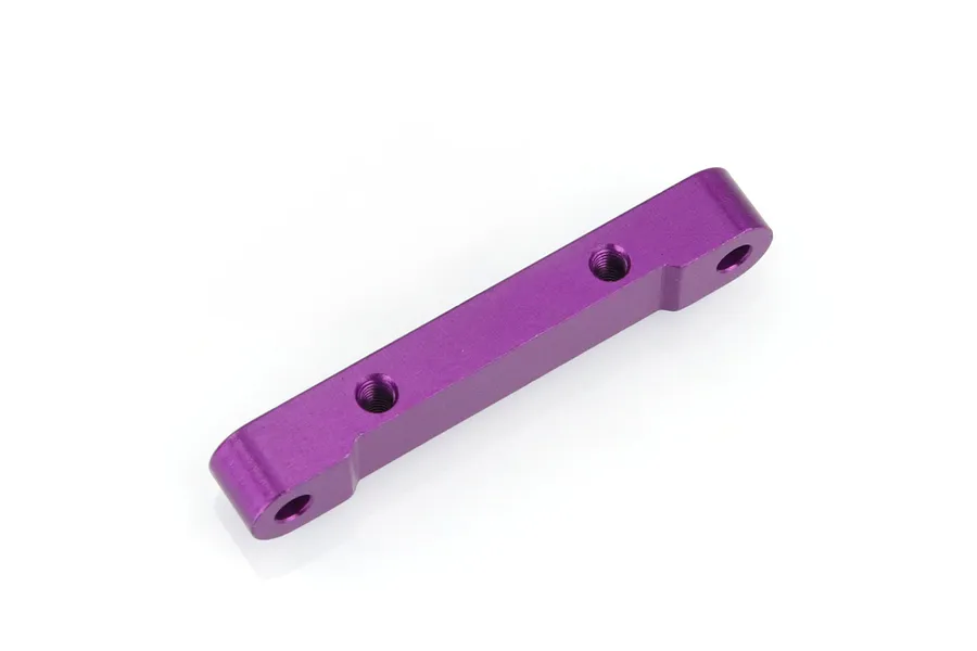 A purple anodized aluminium rear suspension arm pin mount for an HSP RC car, shown against a plain white background.