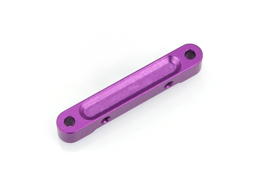 A purple anodized aluminium RC suspension arm pin mount on a white background.