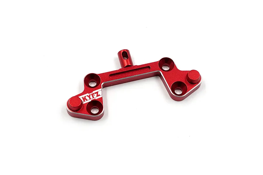 A red anodized aluminium rear body post tower mount for an RC car, featuring the KYFZ logo engraved on the surface.