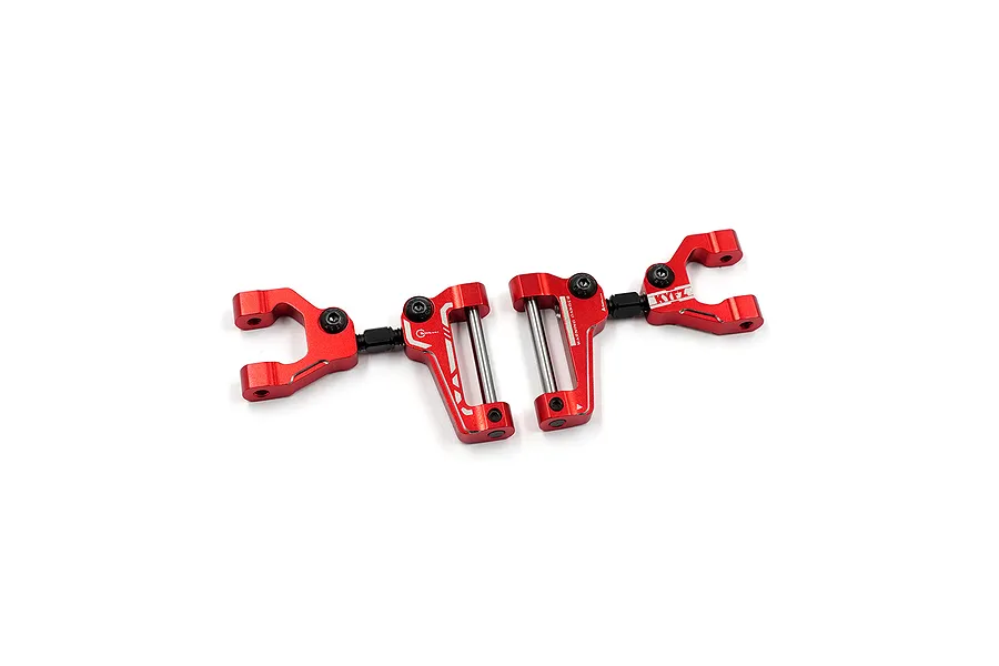 A pair of red anodized aluminium front upper suspension arms for an RC car, featuring adjustable turnbuckles and metal pins.