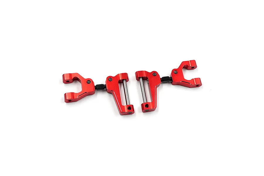 A pair of red anodized aluminium front upper suspension arms for an RC car, shown against a plain white background.