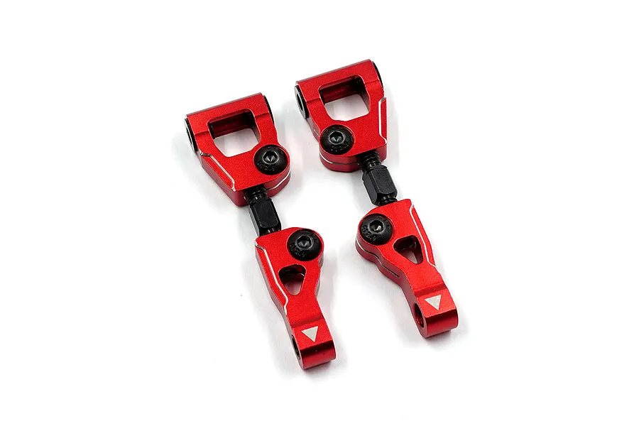 Two red anodized aluminium RC suspension arm assemblies on a white background.