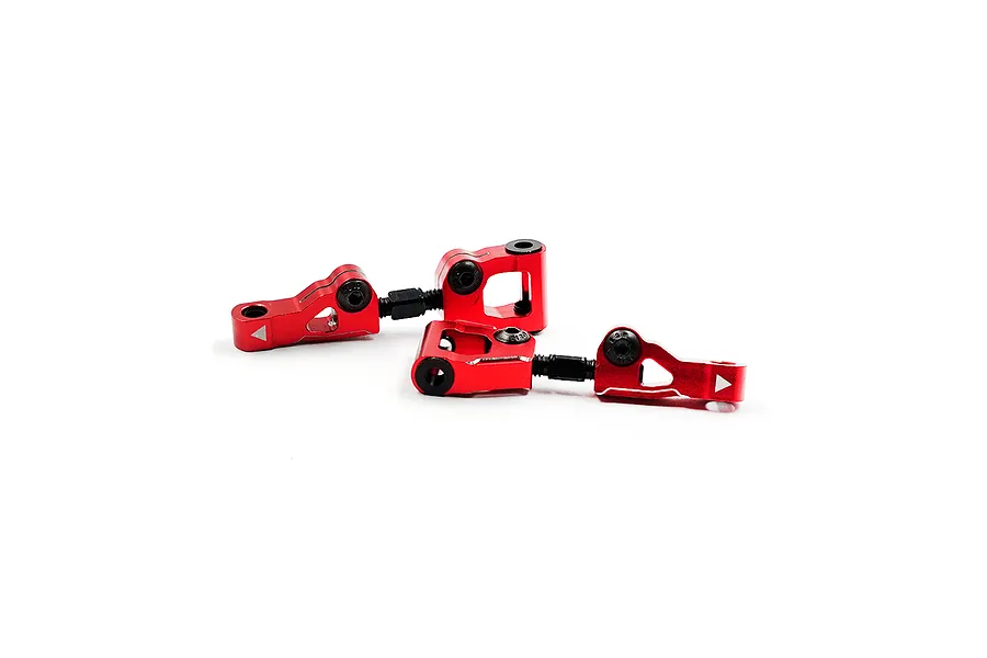 Two red anodized aluminium RC suspension arm assemblies with black turnbuckles on a white background.