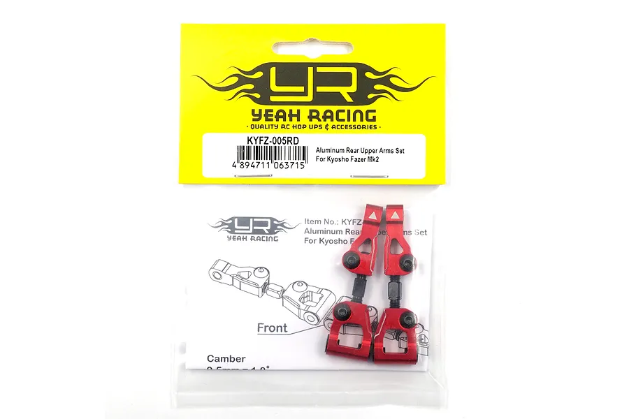 Yeah Racing red aluminium rear upper suspension arms for Kyosho Fazer Mk2 in original retail packaging.