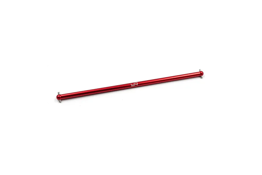 A red anodized aluminium centre driveshaft for RC cars by Yeah Racing, featuring a YR logo printed in the center.