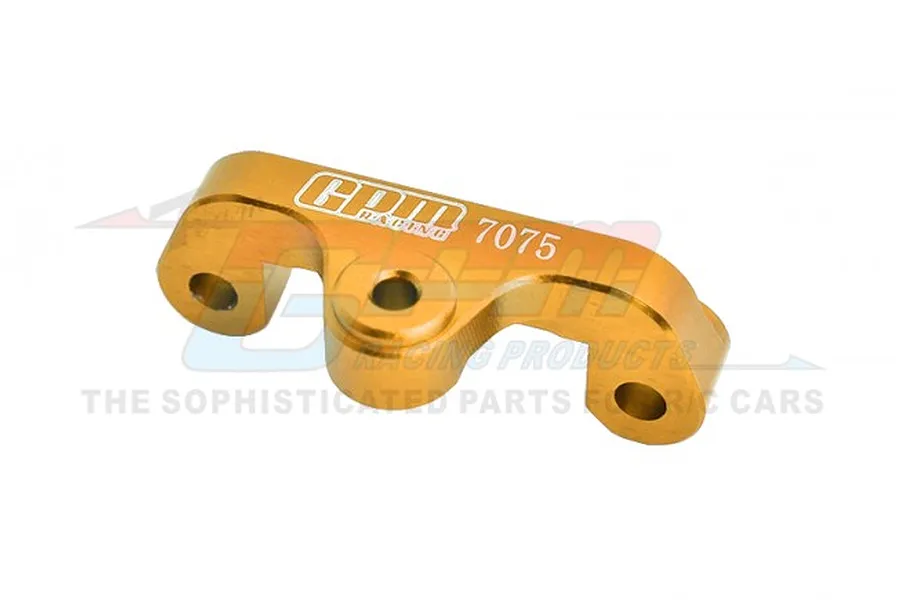 A gold-anodized aluminium triple clamp for an RC motorcycle, featuring GPM Racing branding and 7075 alloy marking.