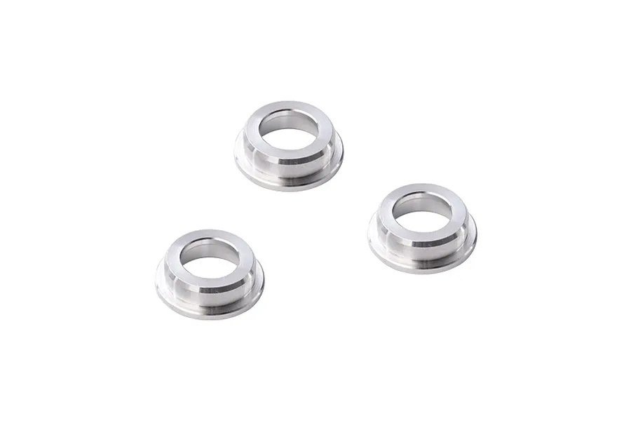 Three silver-coloured aluminium bearing mounts arranged on a plain white background.