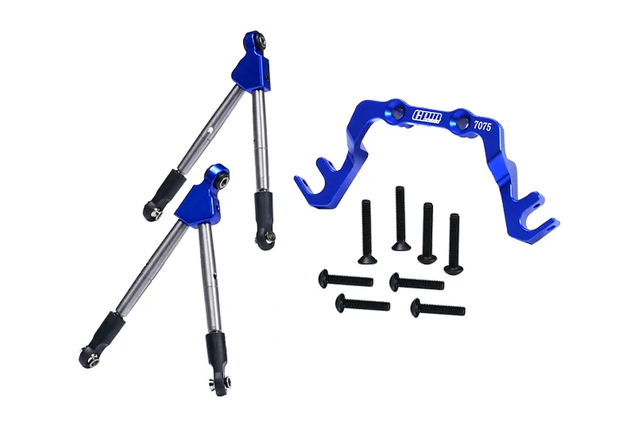 GPM Racing blue aluminium front tie rods and hub carrier brace set for RC cars, including mounting screws.