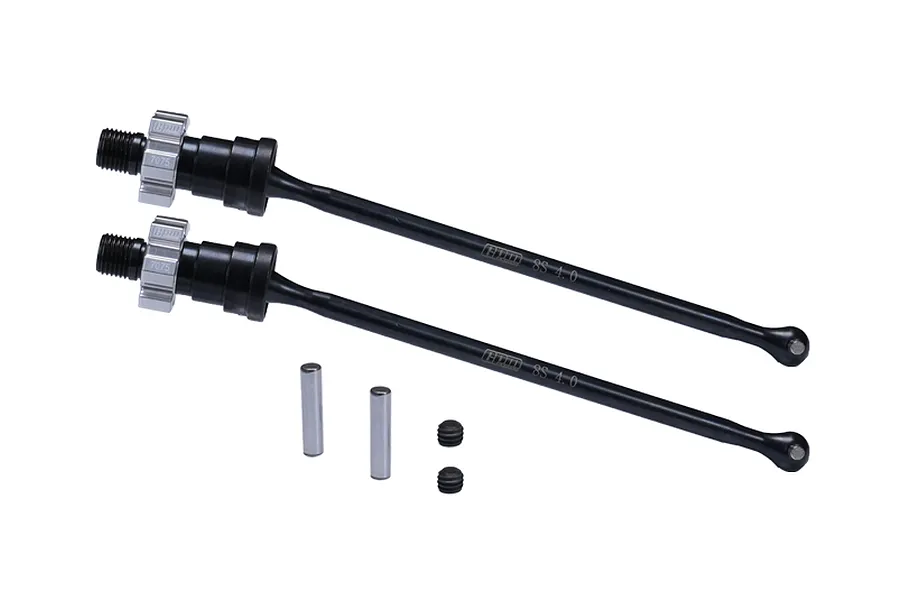 Two black GPM CVD driveshafts with silver aluminium wheel hexes, two metal pins, and two grub screws on a white background.