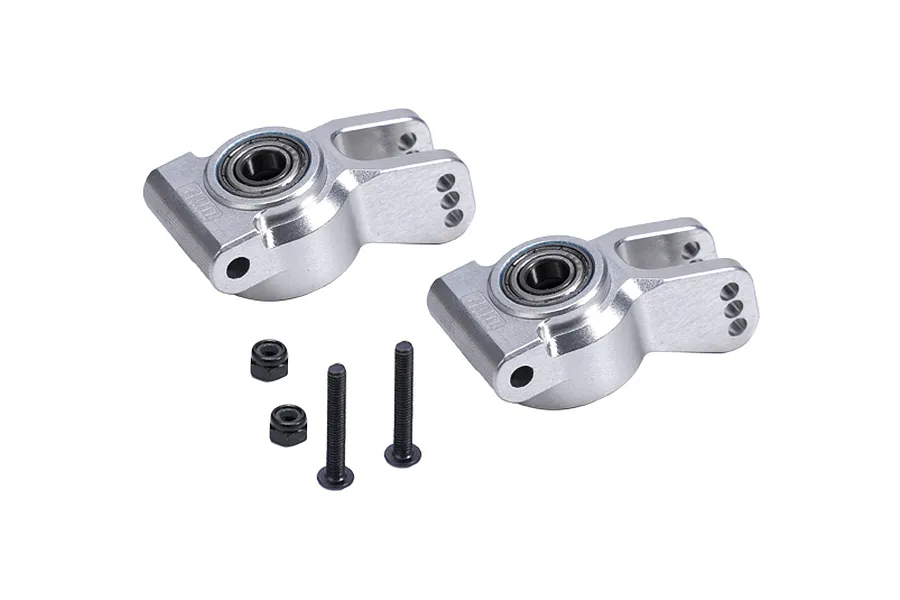 Two silver aluminium rear hubs from GPM Racing with pre-installed bearings, accompanied by two black screws and two black lock nuts.
