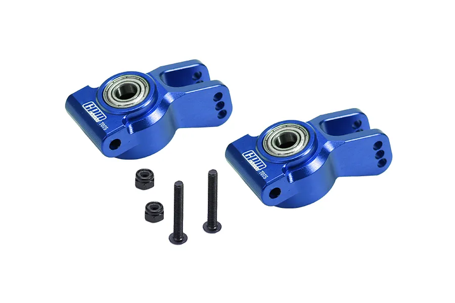 Two blue anodized aluminium RC rear hubs from GPM Racing, including two black screws and two lock nuts, isolated on a white background.