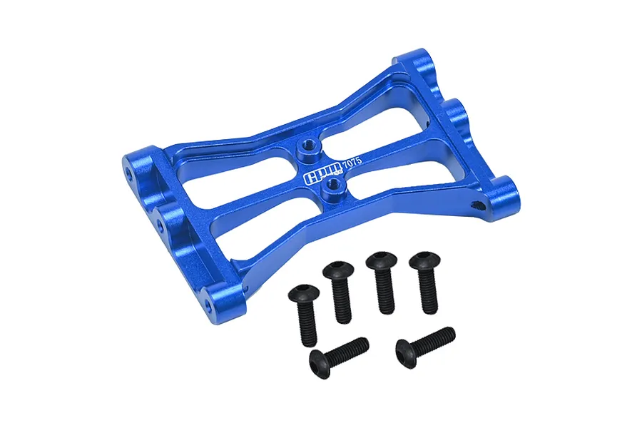 A blue anodized aluminium rear chassis brace for an RC car by GPM Racing, accompanied by six black metal screws.